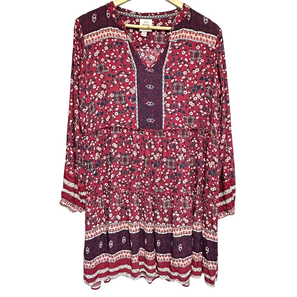Knox Rose Floral Print Tiered Mini Dress Womens M Bohemian Casual Long Sleeve